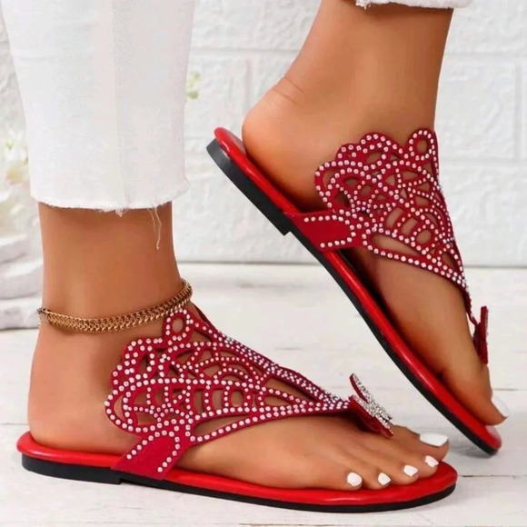 Summer New Genuine Leather Flat & Low-Heeled Cross-Toe Sandals With Rhinestone - Picture 3 of 6
